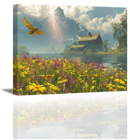 Piy Painting Landschaft Leinwandbilder, Goldene Vögel, Sonne, Flüsse, Berg, Natur Leinwandbilder, Bild auf Leinwand, Modern Kunstdruck Deko Wandbilder mit Innenrahmen für Badezimmer Zuhause 40x30cm