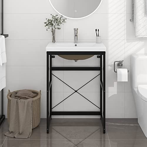Gecheer Sink Cabinet Bathroom Washbasin Frame with Built-in Basin Black Iron