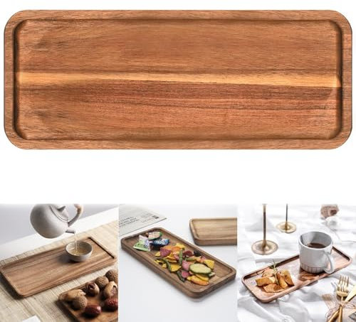 KSVFTB Small Rectangular Brown Wooden Tray, 100% Wood, 29 x 10.5 x 1.5 cm, Elegant, Unfinished, Handle, Serving, Organizing, Decorating