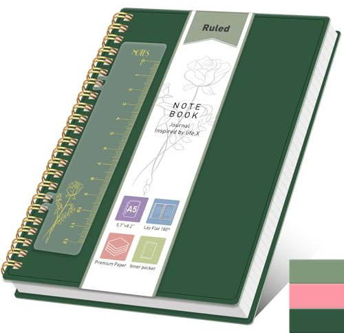 PYNEX Carnet de notes ligné A5 à spirale, 80 feuilles/160 pages pour écrire, papier ligné universitaire 100 g/m², 14,5 x 21 cm, vert foncé