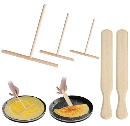 5PCS Wooden Crepe Spreader and Spatula Pancake Dispenser Crepe Maker Tools | Crepe Maker for Crepes 9cm/12cm/18cm T-Shaped Batter Spreaders 30cm Scrapers Ideal for Home Kitchen Restaurant Cooking Baking