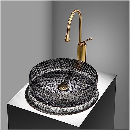 QUSYZD Lavandino da Bagno da 16'', lavabo da appoggio in Vetro temperato Nero, lavabo da appoggio Rotondo, Combo B,