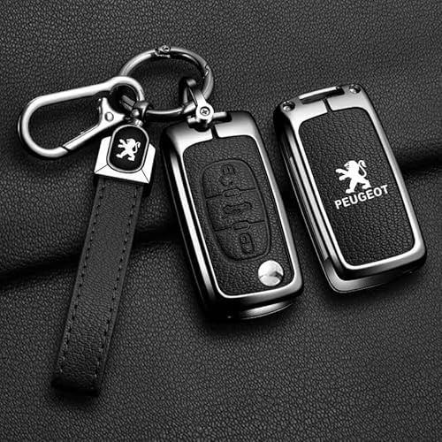 QYPLKJHG Autoschlüssel Hülle für Peugeot 207 CC 2009-2015, Schlüsselhülle Schlüsselgehäuse Leder Schutzhülle mit Schlüsselanhänger Schlüsselcover Schlüsselbox Auto Zubehör,D-Black 1
