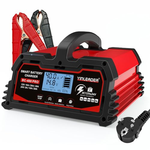 Yinleader Intelligentes Batterieladegerät, 40 A, 12 V/24 V, 20 A, LCD-KFZ-Ladegerät, Batteriehalter für AGM, Motorrad