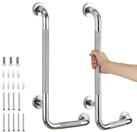L-Shaped Grab Bars for Shower, 2 Pack, 24 x 12 Inch Stainless Steel, Right | Grab Bars for Bathroom; Diamond-Knurled Anti-Slip Grip; Wall-Mounted Safety Rail for Seniors; Mounting Hardware Included