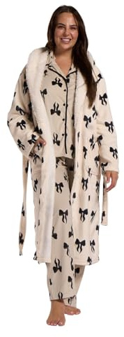 OHS Bow Print Dressing Gown Womens, Mothers Day Gifts Super Soft Warm Flannel Fleece Hooded Bathrobe with Pockets Fluffy Sherpa Lined Luxury Oversized Fluffy Ladies Dressing Gowns, Monochrome