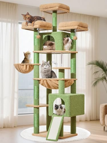 Taoqimiao 76-Inch Cat Tree XXL for Large Cats, Giant Cat Tower with Scratching Board, Extra-Large Metal Hammock, 3 Perches, 7 Sisal Posts, 2 Big Condos, Hanging Basket, Cactus, MS047T