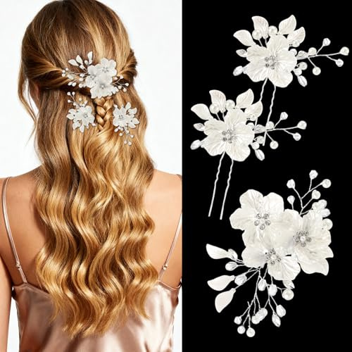 3pcs Large Flower Bridal Wedding Hair Pins, Pearl Hair Clips,Wedding Hairs Pieces for Brides, for Brides Bridesmaids Girls Updo