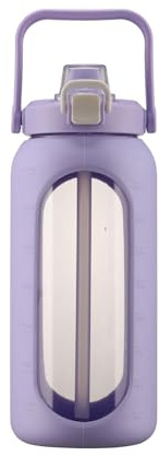 BLUEGO Botella de Agua de 2L con Pajita y Asa, Vidrio de Borosilicato Botella con Funda de Silicona, para Deportes y Viajes, a Prueba de Fugas, Sin BPA, Morado