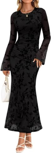 JYIXXZX Womens Maxi Dress Sexy Long Sleeve Floral Mesh Long Dresses Elegant Crew Neck Ruched Bodycon Dress Fall Formal Wedding Guest Evening Gown for Cocktail Party Club Black