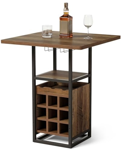 Tribesigns 95 cm Hoher Bartisch mit Stauraum, Stehtisch aus Holz, Bistrotisch mit Glashaltern, Weinregalen und Ablageflächen, Metallsockel Tischplatte, für Bar Küche Wohn- und Esszimmer, Braun