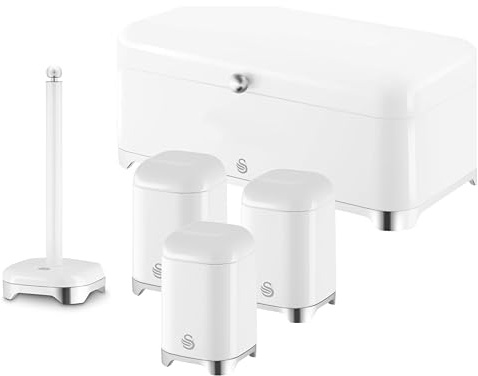 Swan Solace White Kitchen Storage Set – Bread Bin, 3 Canisters & Kitchen Roll Holder – Gloss White with Chrome Trim – Coordinated Modern Kitchen Organisation