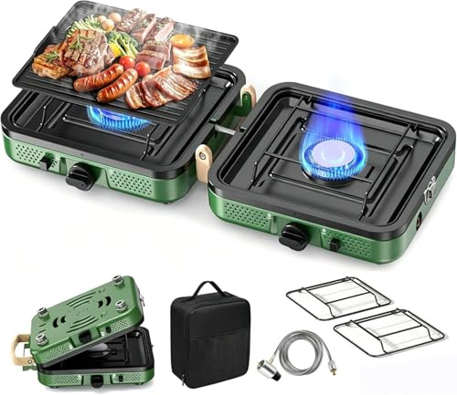 Campingkocher 2 Flammig, Tragbare Collapsible Gaskocher mit Verstellbare Brenner & Piezozündung, Camping-Essential Inklusive Tragetasche
