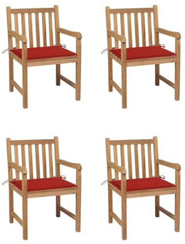 YuuSsea trädgårdsstolar 4 st. Tillverkad av massiv teak med röda kuddar, väderbeständig, stapelbar, med armstöd och ryggstöd, perfekt för balkong, terrass, utomhus och camping