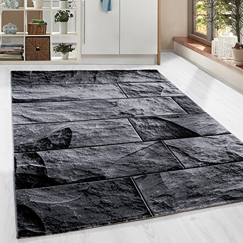HomebyHome Teppich Wohnzimmer 200x290 cm Schwarz Modern Steinmauer Kariert Design Kurzflor Schlafzimmer Esszimmer Küche Jugendzimmer Waschbar Pflegeleicht Extra Weich