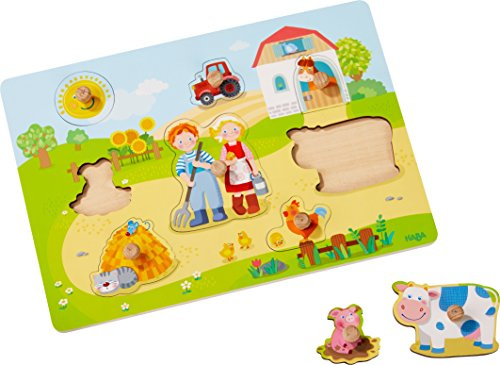 HABA 303769 - Greifpuzzle Auf dem Bauernhof, Holzspielzeug ab 12 Monaten, 8-teiliges Puzzle aus Holz mit Buntem Bauernhofmotiv, Puzzleteile mit großen Knöpfen zum Greifen