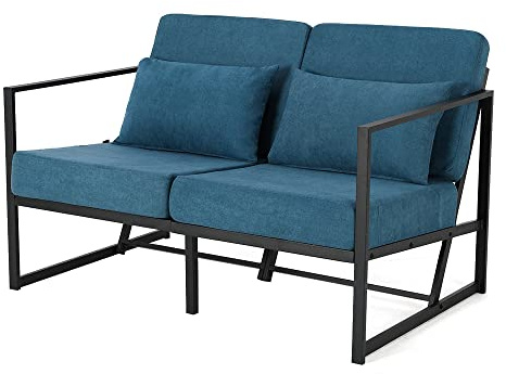 Mingone 2 Sitzer Sofa Blau Klein, 114 x 72 x 72cm | Gepolstert, Leinen, Retro mit Armlehnen, Metall, Für Wohnzimmer Empfang Café, Industrie-Design