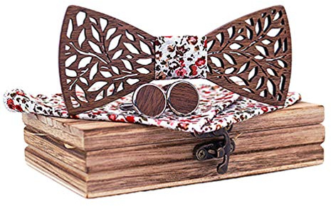 HZQIFEI Noeud Papillon en Bois Sculpté avec Broche à Fleurs, Mouchoir et Boutons de Manchette pour Cadeau, Réception, Mariage (Style#12)