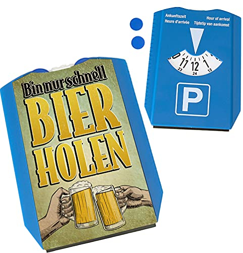 speecheese Bin nur schnell Bier Holen Parkscheibe mit Eiskratzer und 2 Einkaufswagenchips die lustige Art zu Zeigen, DASS du dir gerade Dein Feierabendbier kaufst - Vorderseite gemäß StVO