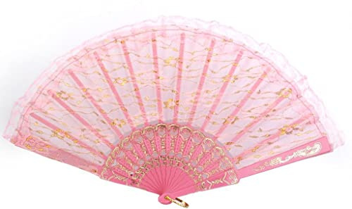 Tiuimk Japanische Fächer, Handfächer, modern, Spitze, Kunststoff, faltbar, für Damen, Hochzeit, Party, Heimdekoration, Rosa