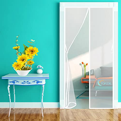 Double Door Magnetic Fly Screen, 140x210cm Heavy Duty Mesh Curtain with Full Frame Hook and Loop Magnets, Sn-aps Shut Automatically for Patio, Large Door, White, 663 Size