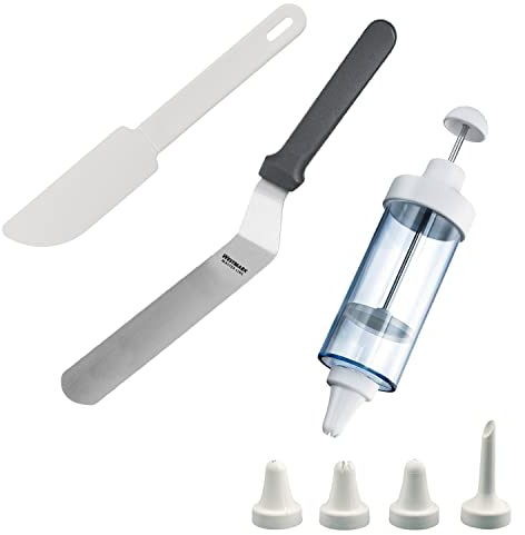 Westmark 311522E6 - Juego de repostería (3 piezas: 1 jeringa con 5 boquillas, 1 paleta angular, 1 sacapuntas, plástico y acero inoxidable, transparente/negro/blanco)