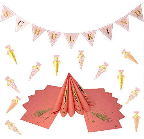 Oblique Unique Einschulung Deko Set Mädchen – Schulkind Girlande Rosa Gold + 20 Servietten mit Motiven + Zuckertüten Konfetti – Schuleinführung Schulanfang Party Dekoration