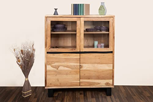 SAM Highboard Kyoto II, Akazienholz massiv & naturfarben, 118x45x140 cm | Hochschrank mit je Zwei Holz- & Glastüren, Kufengestell aus Eisen Schwarz