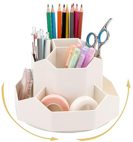 SAMSYOKI Drehbarer Stiftehalter Schreibtisch Organizer Mit 9 Fächer Beige | 360°Rotation Stifte Organizer Drehbar Stifteköcher Stiftebox Aufbewahrungsbox für Bleistifte Buntstifte Schreibwaren Kosmetik