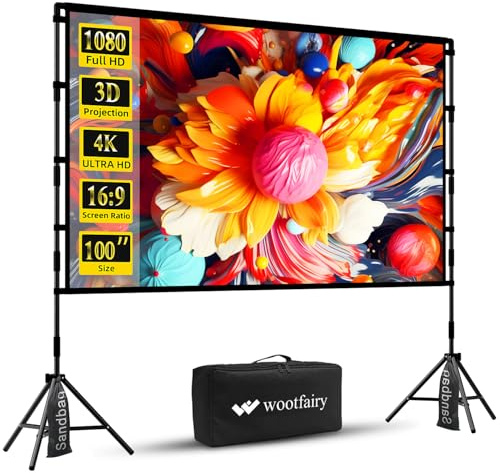 Projector Screen with Stand, Wootfairy 100 inch Foldable and Portable Projection Screen 16:9 4K HD Rear Front Wrinkle-Free Movie Screen with Carry Bag for Indoor Outdoor Home Theater Backyard Cinema