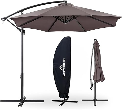 Wetterstein® Sonnenschirm Khaki Ø 300 cm mit Kurbel | Ampelschirm mit Ständer | Gartenschirm UV-Schutz Aluminium | Kurbelschirm Marktschirm wasserdicht