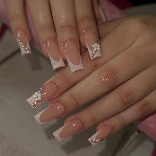 24pcs Medium Square False Nails French Tip Glitter White Edge Stick on Nails 3D Rhinestone Flower Design Nude Pink Press on Nail Removable Glue on Full Cover Fake Nail Art Accessories for Women