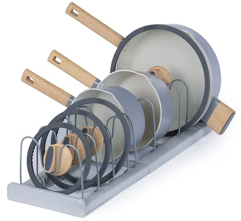 LIVIVO Expandable Pan Lid Organiser Rack Holder - 10 Adjustable Dividers - Non Slip Feet - Perfect For Pots, Pans, Chopping Board, Baking Trays - Kitchen Drawer Cupboard Organiser