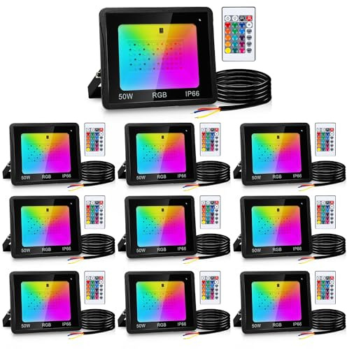 Yakimz RGB LED Strahler Außen 10 Stück, 50W Smart LED Fluter, IP66 Wasserdicht Spotlicht für draußen mit 16 Farben 4 Modi, Dimmbar, Speicherfunktion, Stimmungslicht mit Farbwechsel