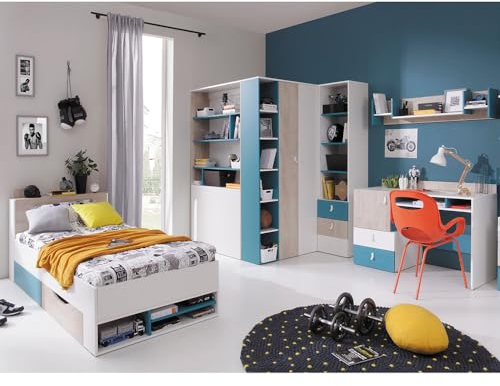 Lomadox Jugendzimmer Set 5-teilig mit Bett, begehbarer Kleiderschrank, Regalschrank, Wandboard, Schreibtisch in weiß/braun/blau Modern
