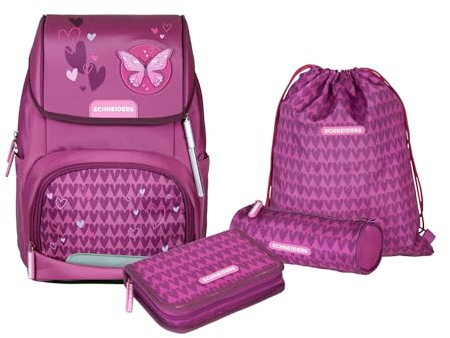 Schneiders 78451-174 - 6-teiliges Schulranzen-Set Ergojet Purple Hearts mit Turnbeutel, Federmappe, Schlamperrolle und individuellen Patches, ergonomischer Rücken und Reflektoren, ca. 21 l Volumen