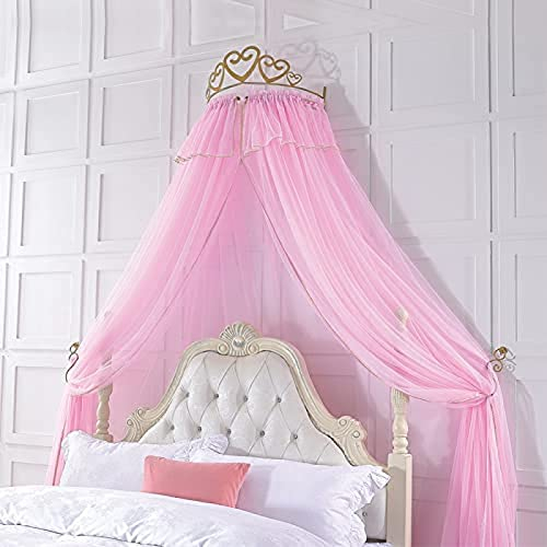Prinzessinnen-Himmelbett für Mädchen und Kinder mit Metallkrone, dekorativen Betthimmeln und Vorhängen, verträumte Netz-Moskitonetz-Bettwäsche für Einzel- bis Kingsize-Betten, Rosa, 1 m Bett