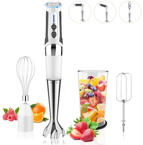 Cordless Immersion Blender Handheld: 3-in-1 Rechargeable Electric Hand Blender Stick, 21-Speeds & 3-Angle Adjustable with 700ml Beaker, Egg Whisk and Beater for Smoothies, Soup,Puree,Baby Food (White)