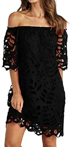 Juketron Primavera Verano Viaje Vestido de Encaje Sexy Fuera del Hombro Media Manga sin Tirantes Moda Ahueca hacia Fuera Faldas Vestidos Casuales de Color sólido