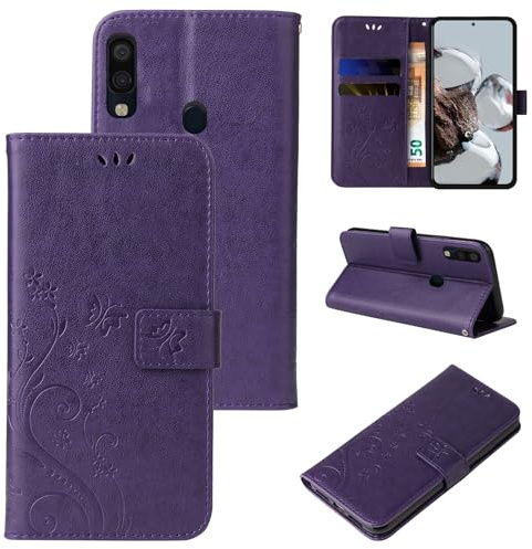 LBH Handy Hülle für Samsung Galaxy A40 Case Handytasche Schmetterling Blumen Flower Standfunktion Schutzhülle Magnet Rundum Schutz 360 Grad Flipcase Cover Violett