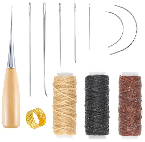 Leather Needles for Hand Sewing, 12pcs Curved Needles Kit for Upholstery Repair, Waxed Thread 12m Cord, Drilling Awl for Fabric DIY Crafts