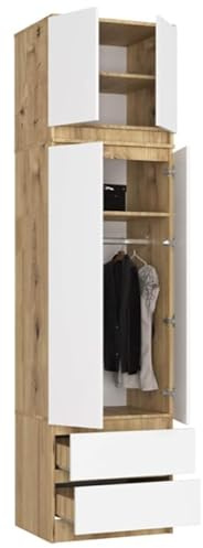 BDW garderob med tillbehör, 4-dörrars garderob, 2 lådor, garderob för sovrummet, vardagsrummet, hallen, 234 x 60 x 51 cm (Artisan Ek/Vit)