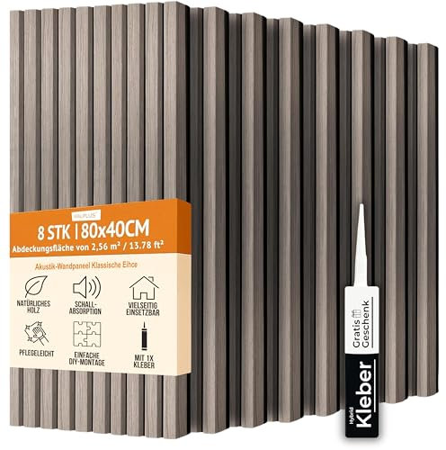 WALPLUS 8er-Pack Akustikpaneele Grau Eiche 80x40cm Holzpaneele Elegantes Innendekor Schallabsorption Holzwand Panel Umweltfreundlich Akustikpaneele Outdoor für Wohnheime Luxusprojekte
