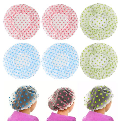 YPYMOD Shower 6 Pieces Cap for Hair, Reusable Waterproof Elastic Large Shower Caps for Spa Salon Makeup Female (Blue Green Pink)