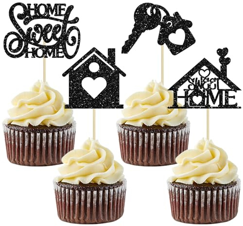 24Pcs Sweet Home Cupcake Toppers House Warming Cake Decorations Welcome New Home Cupcake Picks for Housewarming Party Decorations Black