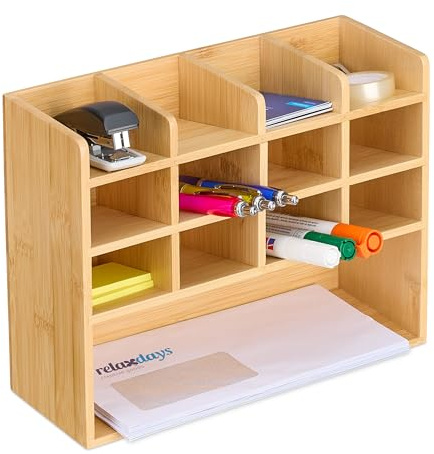 Relaxdays Schreibtisch Organizer, Bambus, 13 Fächer, HxBxT: 21 x 27 x 10 cm, Büroorganizer für Stifte, Briefe, Natur