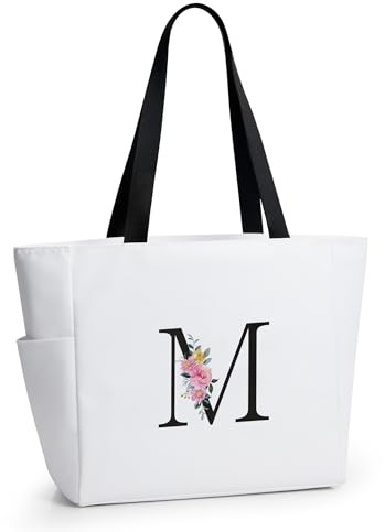KALIDI Bolsa de playa personalizada, regalo del alfabeto inicial, bolsa de comestibles con cremallera para mamá, profesora, amiga, boda, compras diarias