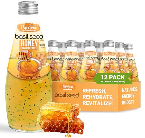 Pardesi Basil Seed Drink Honey Flavor 290ml 9.8 Fl Oz | Pack of 12 (117.6 FL Oz ) | Naturally Refreshing & Cooling | Rich in Antioxidants, Fiber & Omega-3 | Real Basil Seeds for Digestive Health & Hydration.