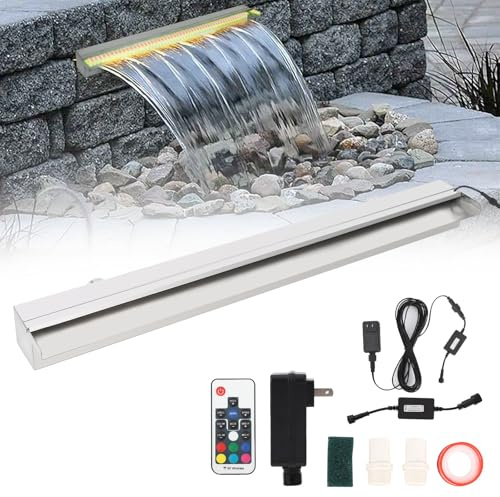 59,9 x 11,9 x 8,1 cm Edelstahl-Wasserfall-Funktion für Pools, LED-beleuchteter Brunnen, rechteckiger Überlauf für Außenbereiche, Robustes LED-Poolzubehör mit Fernbedienung