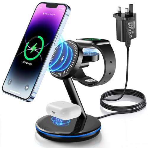 3 in 1 Wireless Charging Station MagSafe Compatible 18W Fast Charger Stand | Magnetic Wireless Charger for iPhone 17 16 15 14 13 12 Pro/Pro Max/Plus AirPods 2-4 iWatch Ultra 9/8/7/SE/6/5 (with Adapter)
